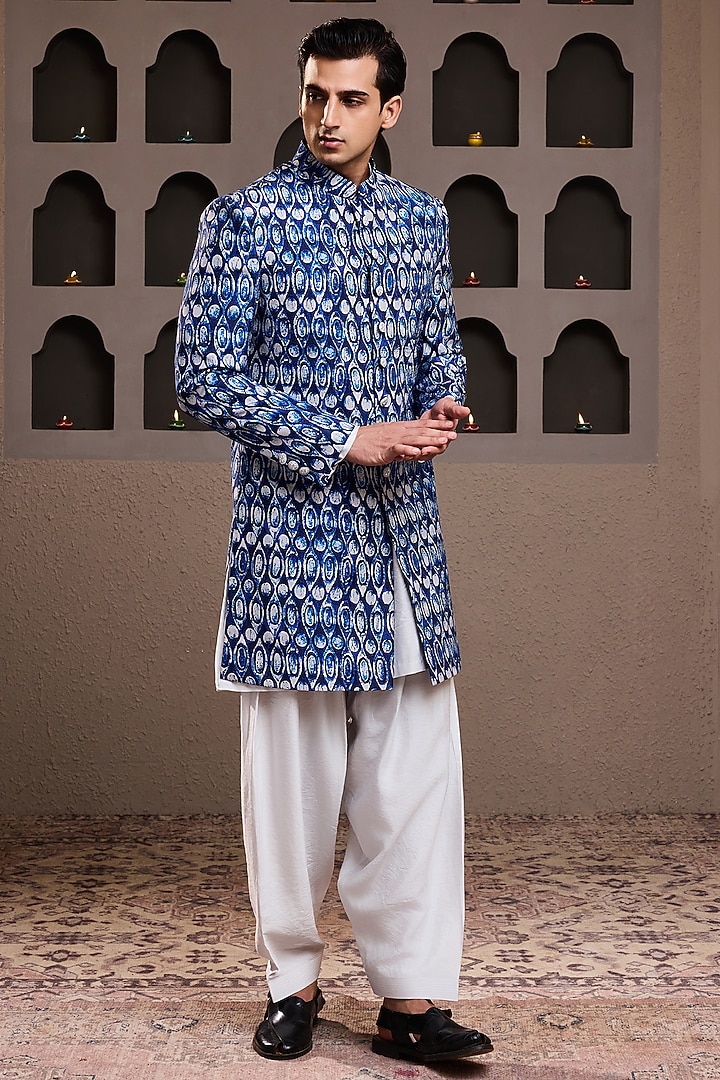 Indigo Raw Silk Printed Wedding Sherwani Set by NITIKA GUJRAL MEN at Pernia's Pop Up Shop