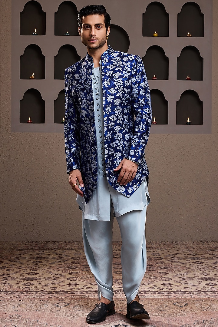 Indigo Raw Silk Printed Long Jacket Set by Histori