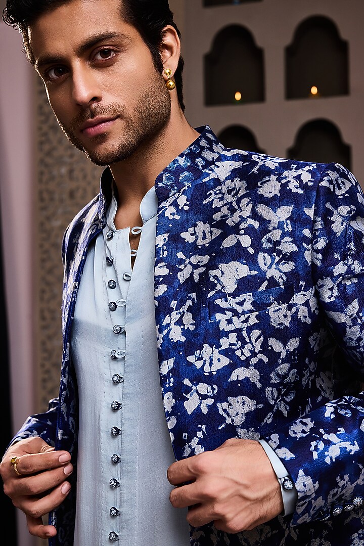 Indigo Raw Silk Printed Long Jacket Set by NITIKA GUJRAL MEN at Pernia's Pop Up Shop