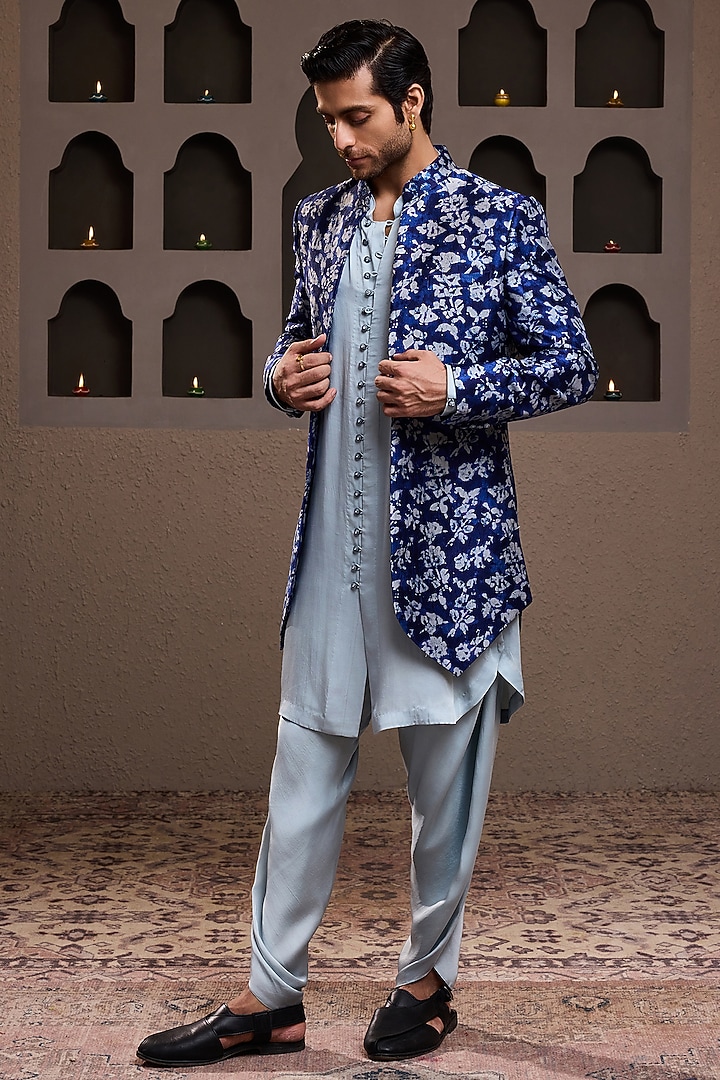 Indigo Raw Silk Printed Long Jacket Set by NITIKA GUJRAL MEN at Pernia's Pop Up Shop
