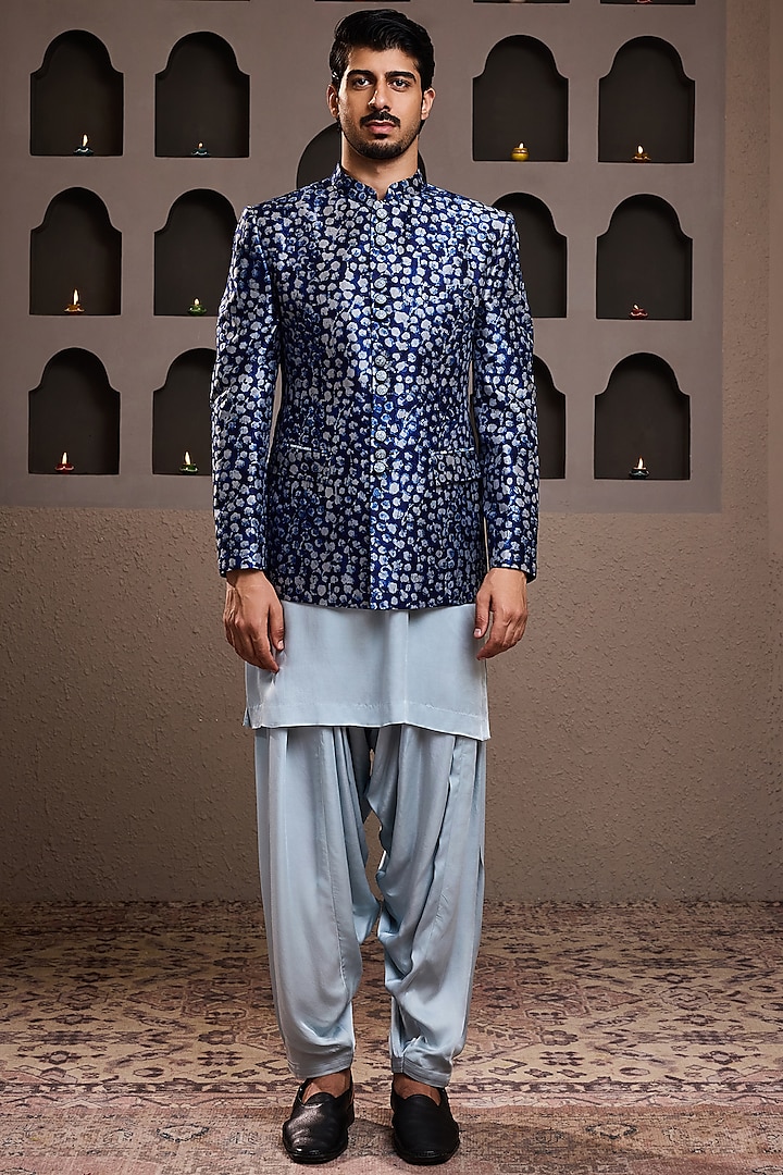 Indigo Raw Silk Printed Short Jacket Set by Histori