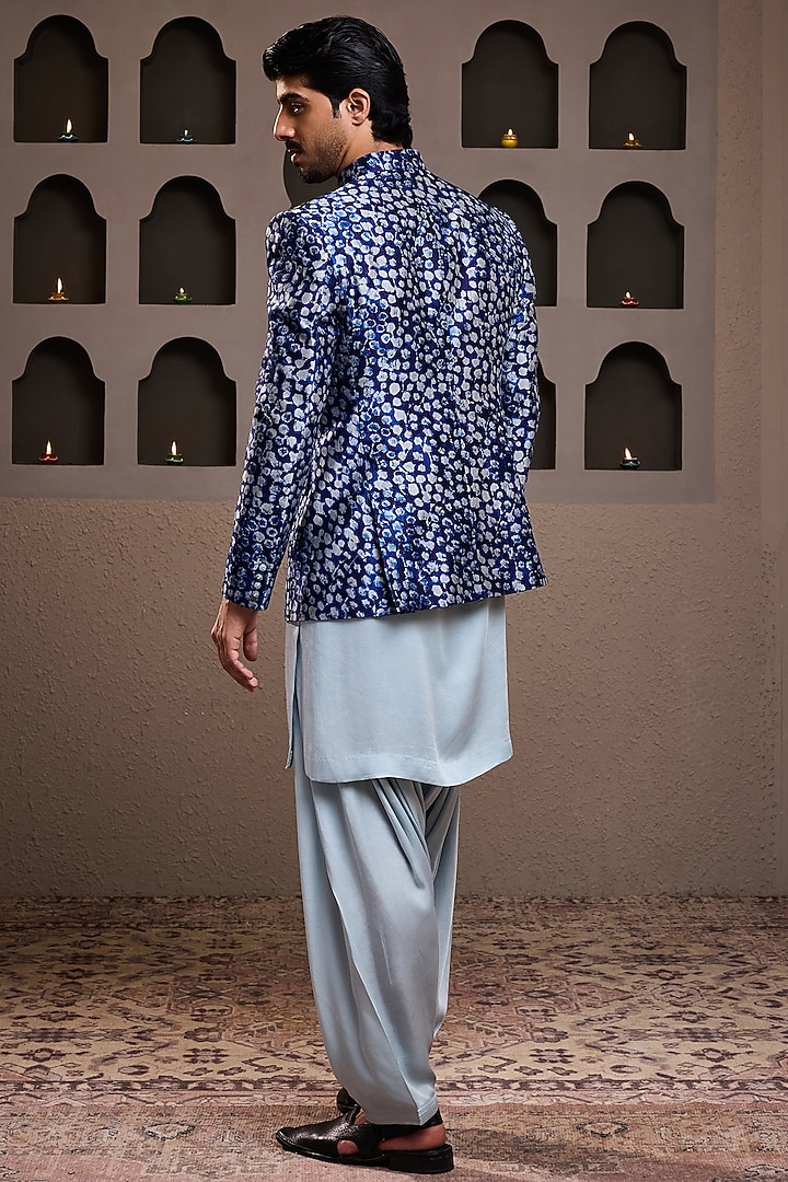 Indigo Raw Silk Printed Short Jacket Set by NITIKA GUJRAL MEN at Pernia's Pop Up Shop