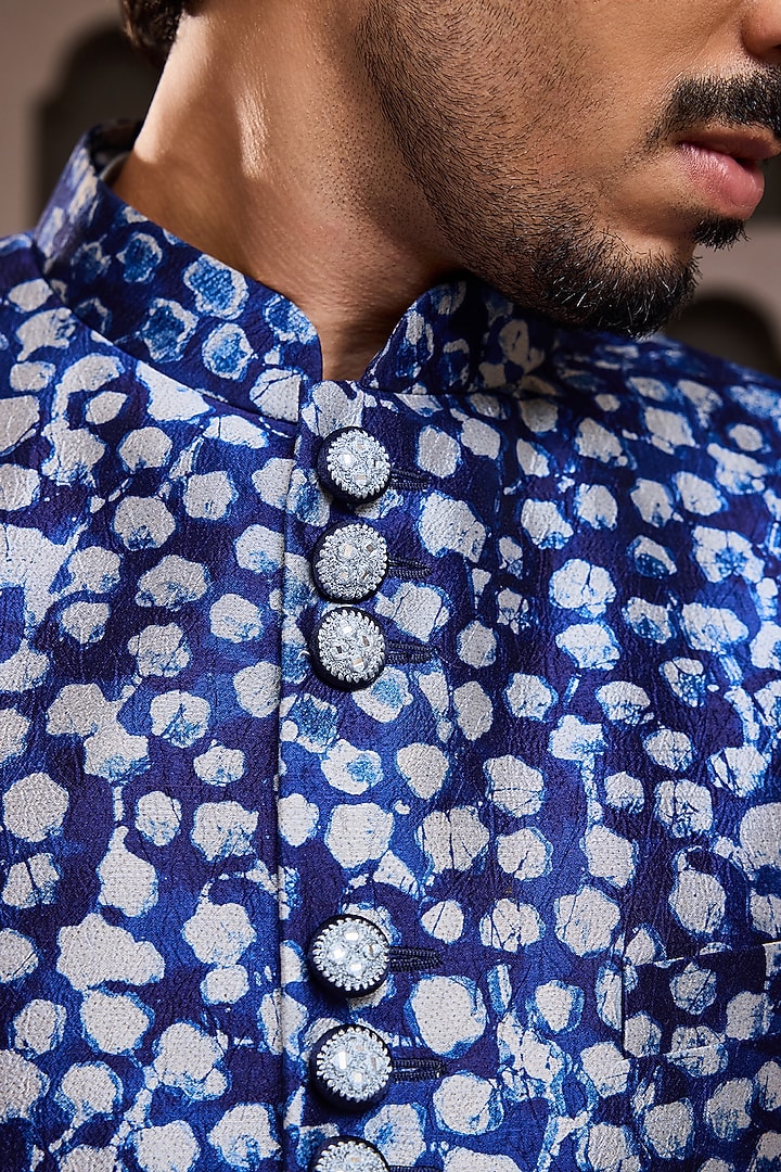 Indigo Raw Silk Printed Short Jacket Set by NITIKA GUJRAL MEN at Pernia's Pop Up Shop