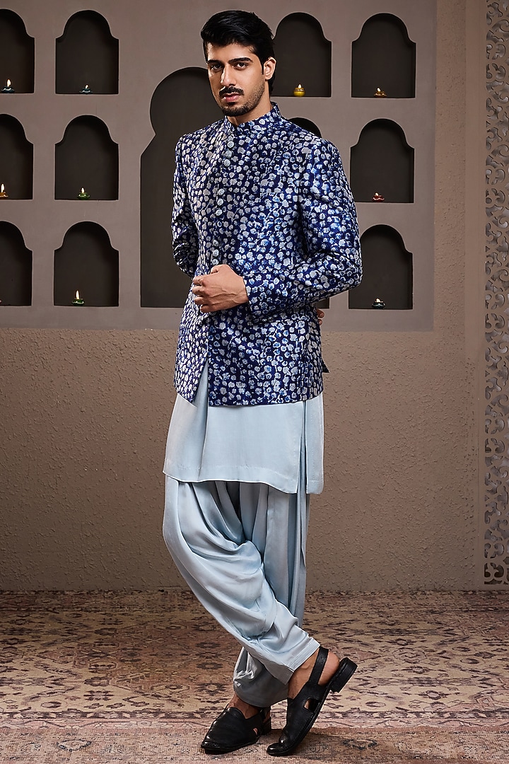 Indigo Raw Silk Printed Short Jacket Set by NITIKA GUJRAL MEN at Pernia's Pop Up Shop