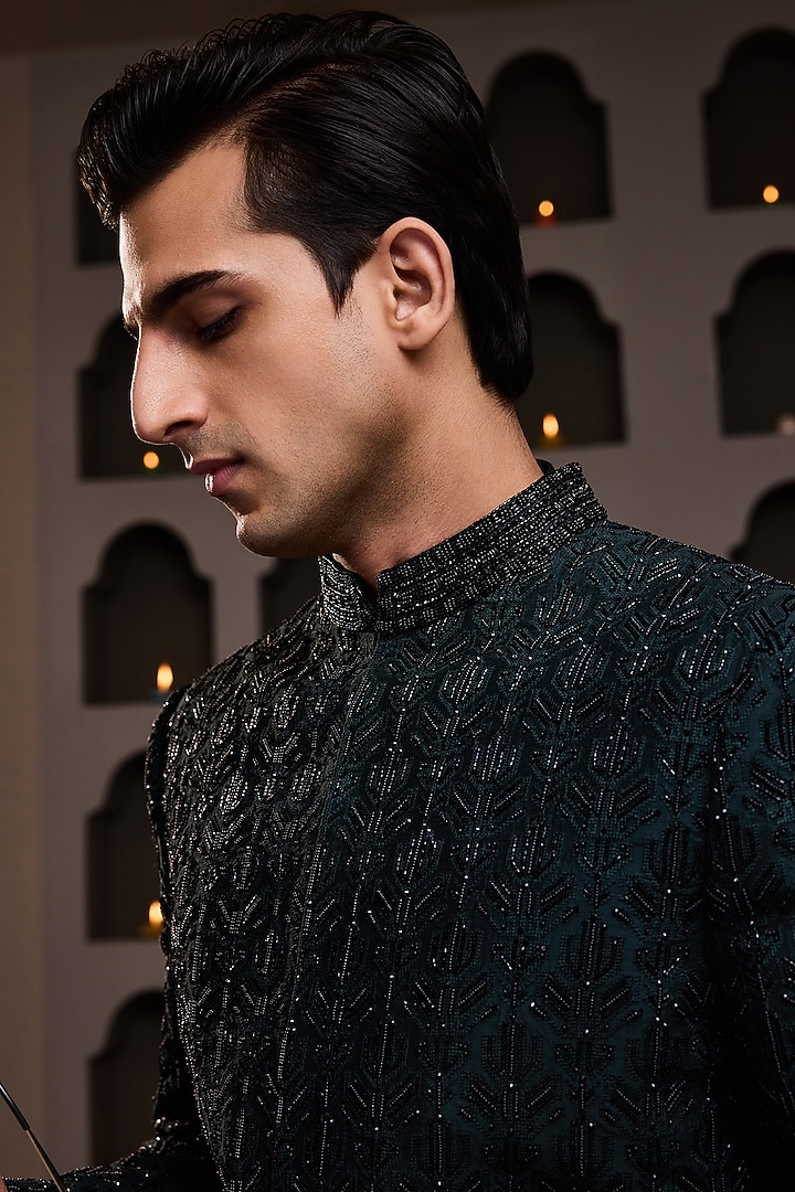 Bottle Green Raw Silk Resham Embroidered Achkan Set by NITIKA GUJRAL MEN at Pernia's Pop Up Shop