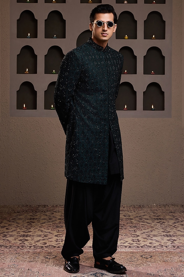 Bottle Green Raw Silk Resham Embroidered Achkan Set by NITIKA GUJRAL MEN at Pernia's Pop Up Shop
