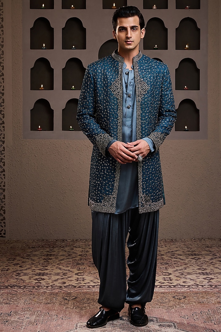 Teal Raw Silk Resham Embroidered Jacket Set by Histori