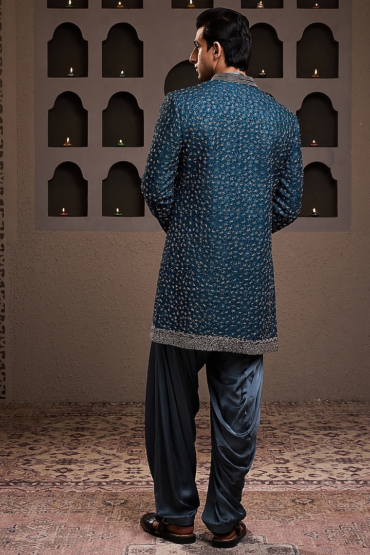 Teal Raw Silk Resham Embroidered Jacket Set by NITIKA GUJRAL MEN at Pernia's Pop Up Shop