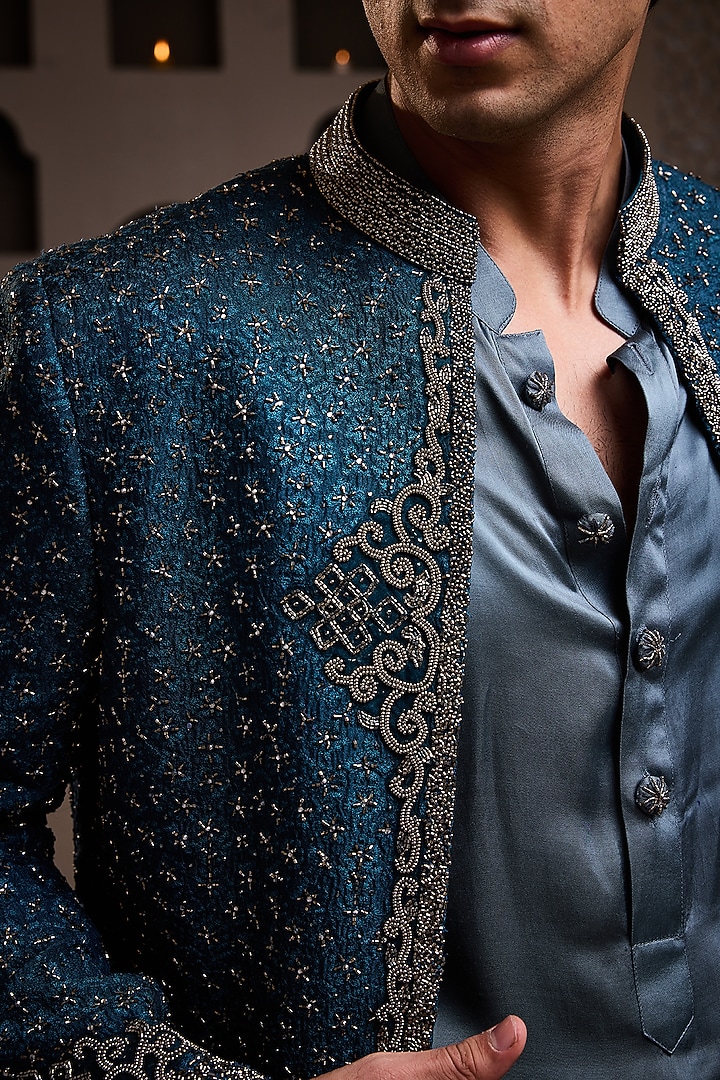 Teal Raw Silk Resham Embroidered Jacket Set by NITIKA GUJRAL MEN at Pernia's Pop Up Shop