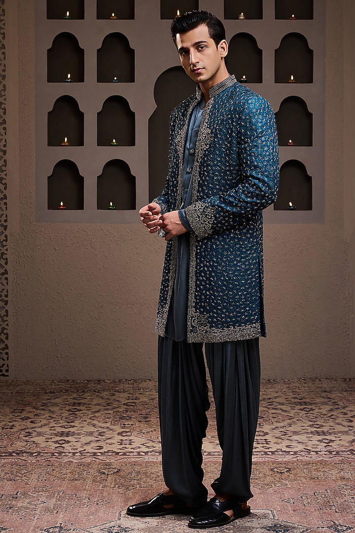 Teal Raw Silk Resham Embroidered Jacket Set by NITIKA GUJRAL MEN at Pernia's Pop Up Shop