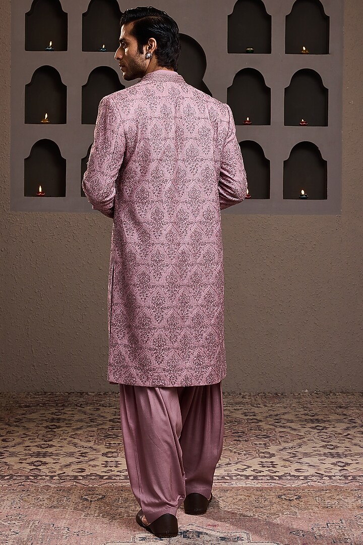 Old Rose Raw Silk Resham Embroidered Jacket Set by NITIKA GUJRAL MEN at Pernia's Pop Up Shop