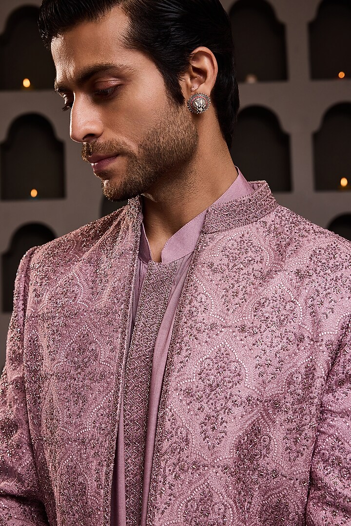 Old Rose Raw Silk Resham Embroidered Jacket Set by NITIKA GUJRAL MEN at Pernia's Pop Up Shop