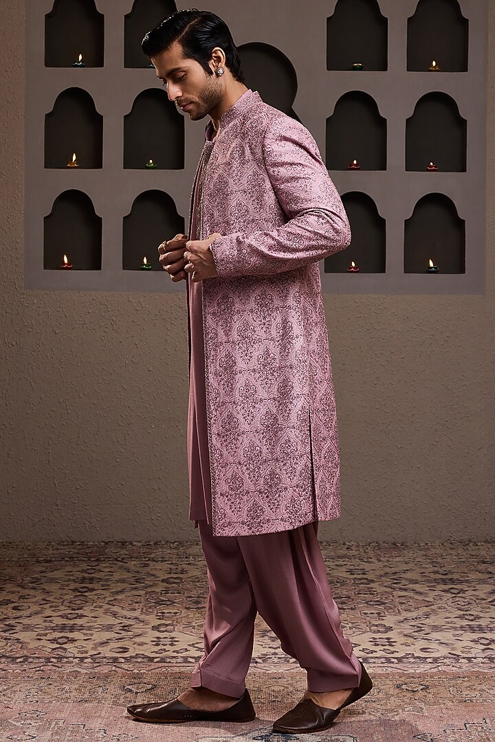 Old Rose Raw Silk Resham Embroidered Jacket Set by NITIKA GUJRAL MEN at Pernia's Pop Up Shop