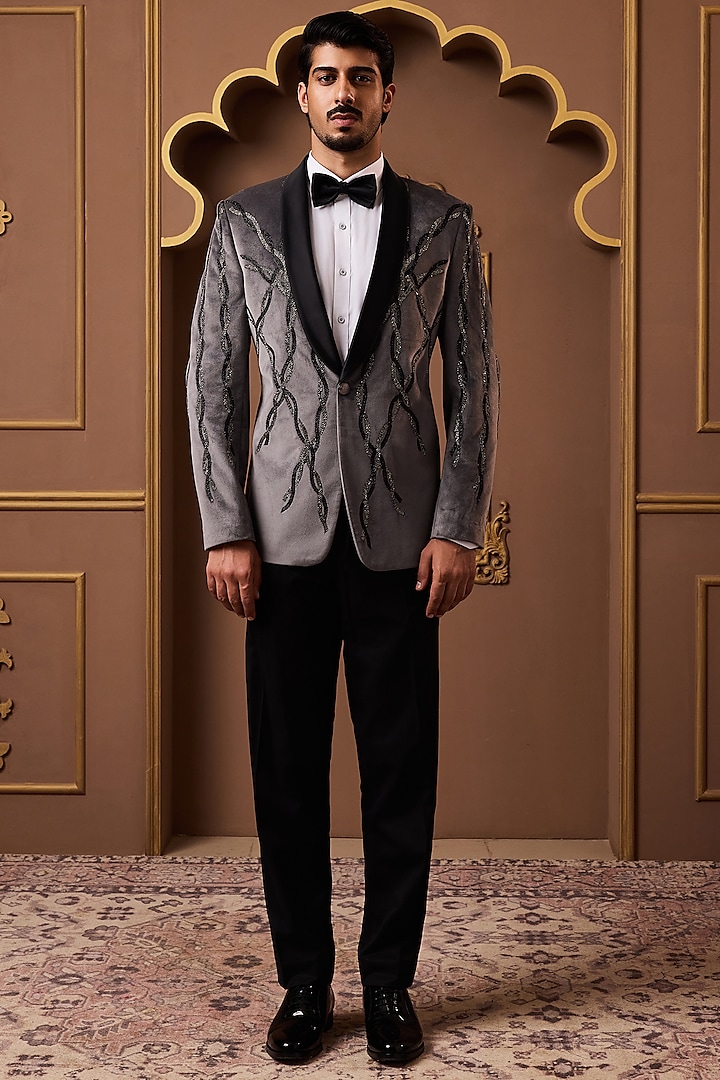 Grey Velvet Beadwork Tuxedo Set by Histori at Pernia's Pop Up Shop