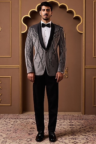 Grey Velvet Beadwork Tuxedo Set by NITIKA GUJRAL MEN