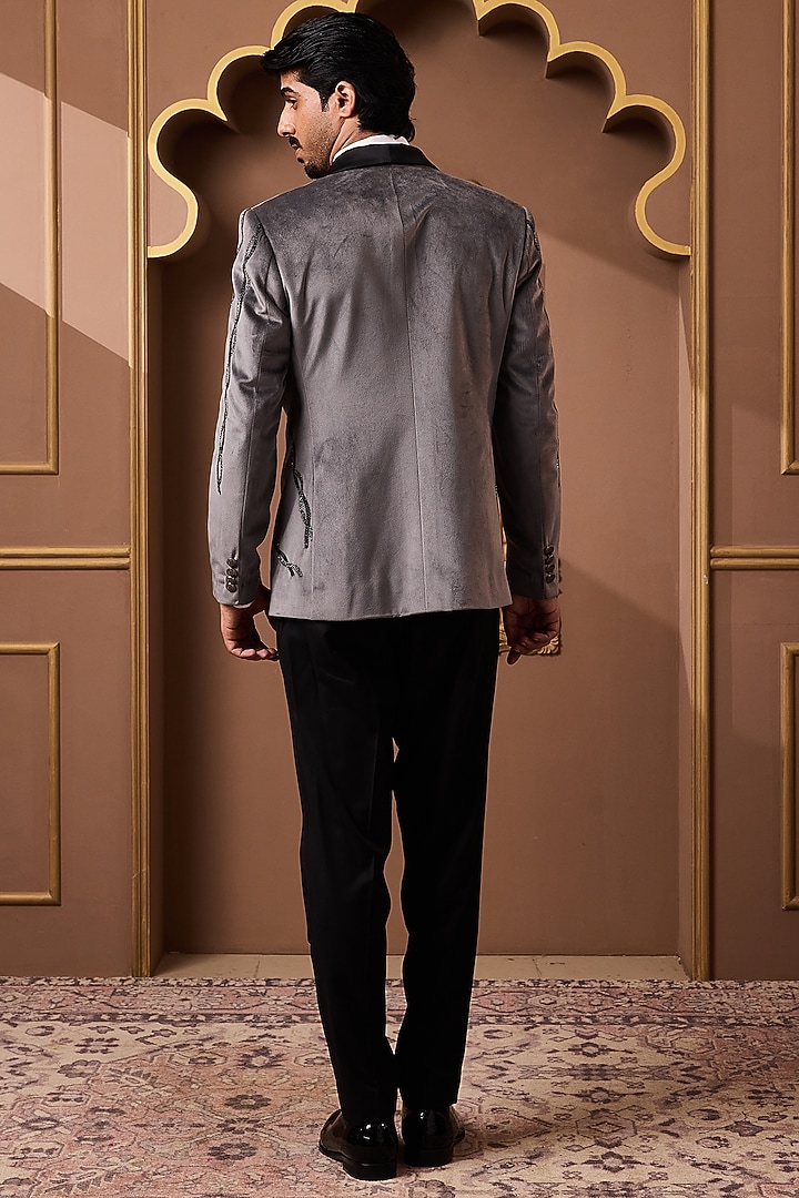 Grey Velvet Beadwork Tuxedo Set by NITIKA GUJRAL MEN at Pernia's Pop Up Shop
