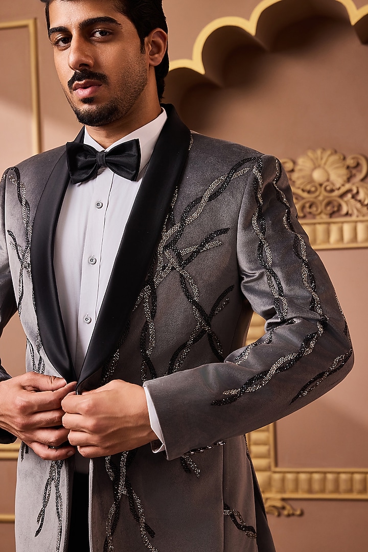 Grey Velvet Beadwork Tuxedo Set by NITIKA GUJRAL MEN at Pernia's Pop Up Shop