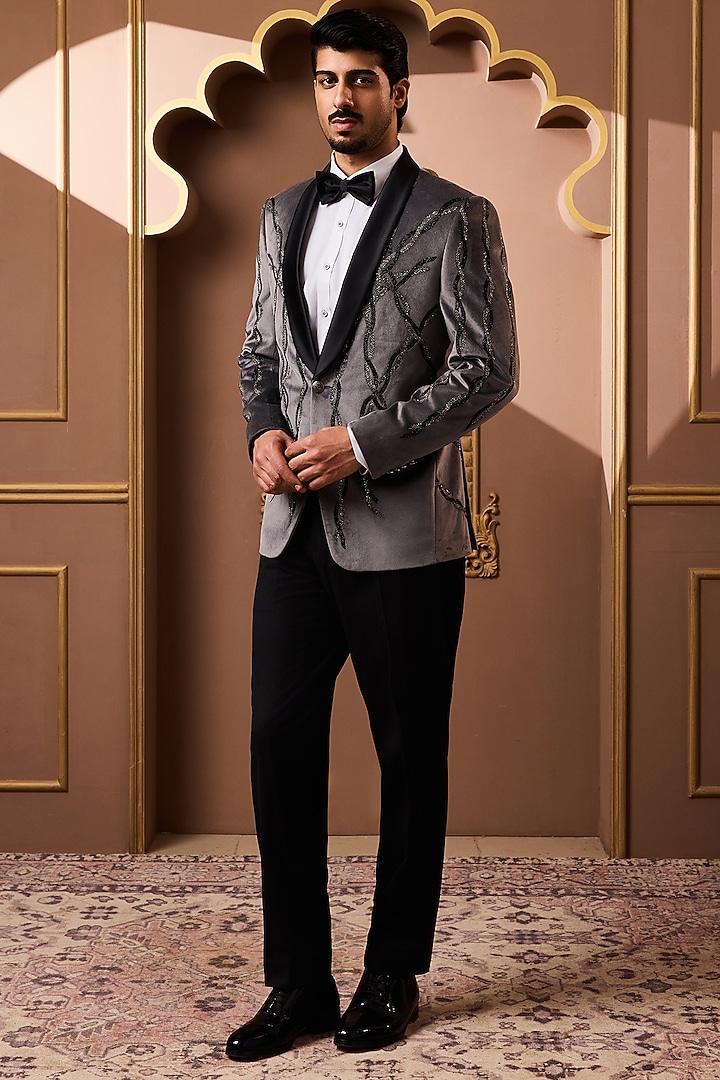 Grey Velvet Beadwork Tuxedo Set by NITIKA GUJRAL MEN at Pernia's Pop Up Shop