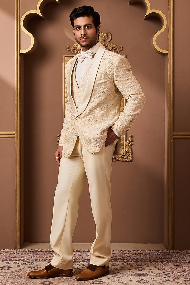 Beige Raw Silk Resham Embroidered Tuxedo Set by NITIKA GUJRAL MEN at Pernia's Pop Up Shop