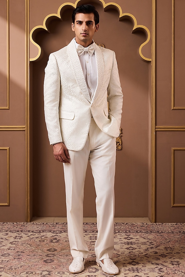 Ivory Poly Jacquard & Suiting Embroidered Tuxedo Set by Histori