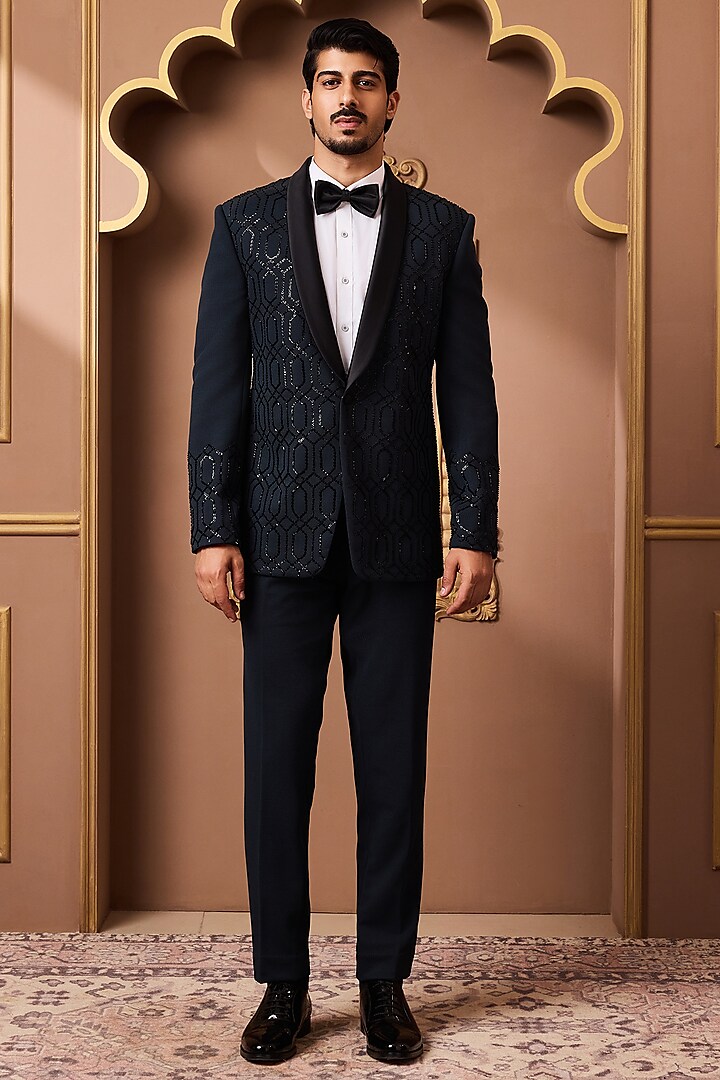 Teal Green Suiting Embroidered Tuxedo Set by Histori at Pernia's Pop Up Shop