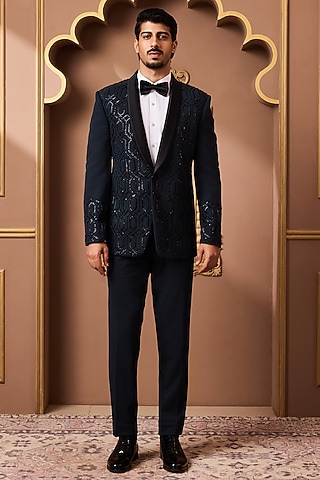 Teal Green Suiting Embroidered Tuxedo Set by NITIKA GUJRAL MEN