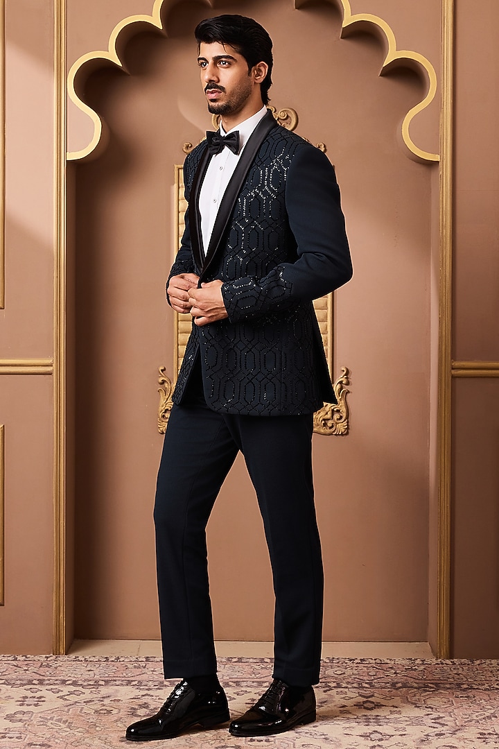 Teal Green Suiting Embroidered Tuxedo Set by NITIKA GUJRAL MEN at Pernia's Pop Up Shop