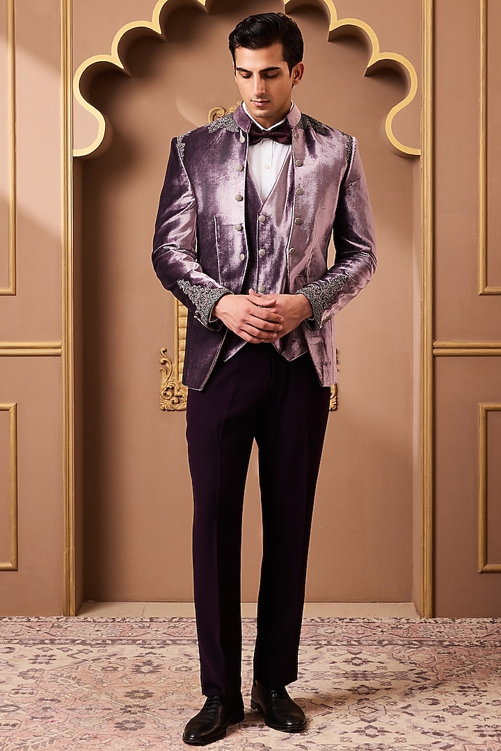 Lilac Velvet & Suiting Zardosi Embroidered Tuxedo Set by Histori