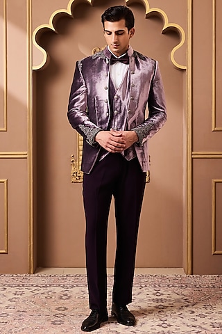 Lilac Velvet & Suiting Zardosi Embroidered Tuxedo Set by NITIKA GUJRAL MEN