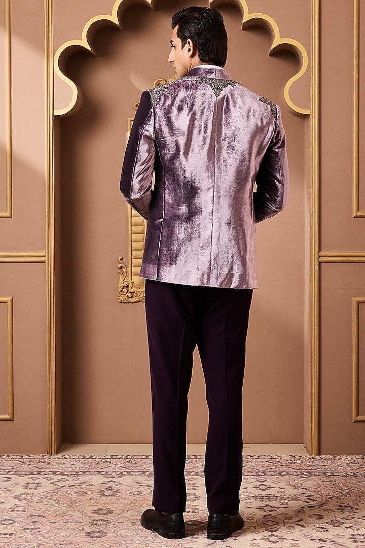 Lilac Velvet & Suiting Zardosi Embroidered Tuxedo Set by NITIKA GUJRAL MEN at Pernia's Pop Up Shop