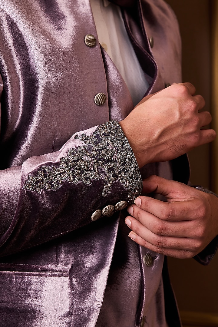 Lilac Velvet & Suiting Zardosi Embroidered Tuxedo Set by NITIKA GUJRAL MEN at Pernia's Pop Up Shop