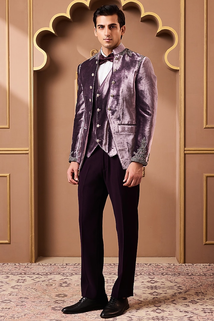 Lilac Velvet & Suiting Zardosi Embroidered Tuxedo Set by NITIKA GUJRAL MEN at Pernia's Pop Up Shop