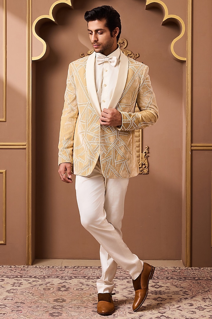 Gold Velvet Bead Embroidered Tuxedo Set by Histori