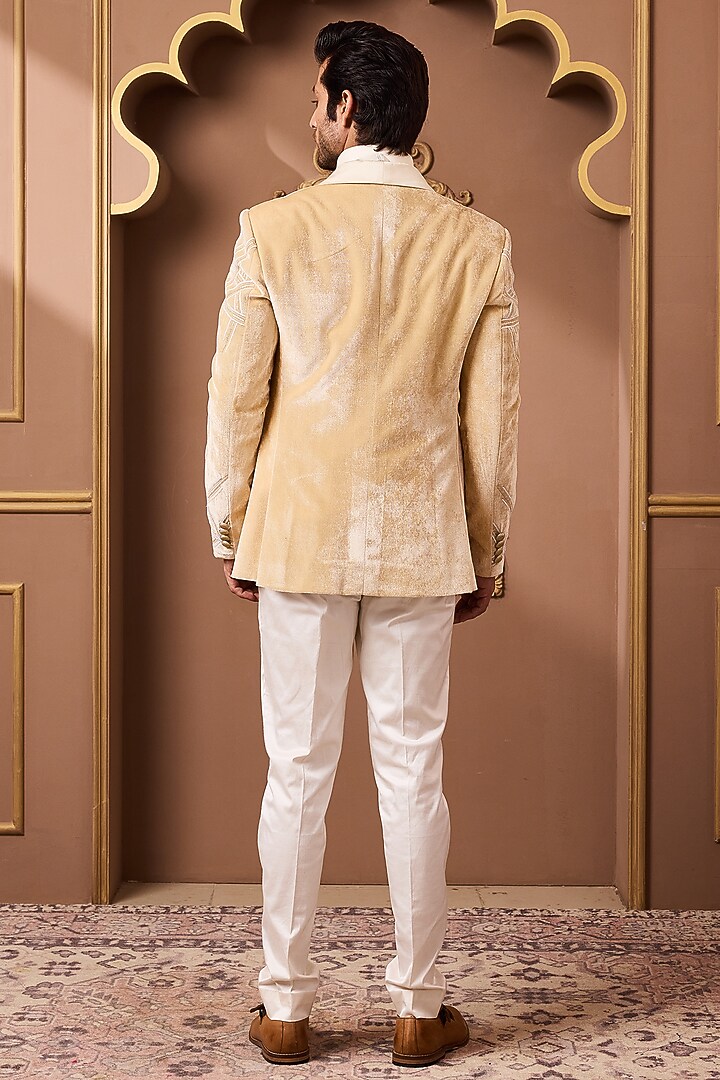 Gold Velvet Bead Embroidered Tuxedo Set by NITIKA GUJRAL MEN at Pernia's Pop Up Shop