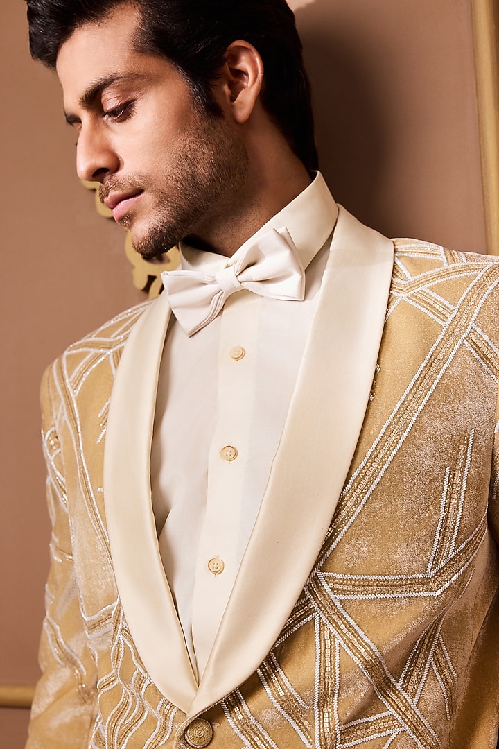 Gold Velvet Bead Embroidered Tuxedo Set by NITIKA GUJRAL MEN at Pernia's Pop Up Shop