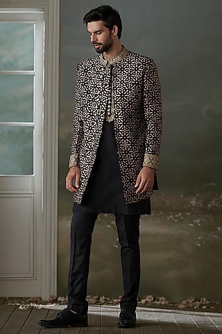 Black & Beige Raw Silk Printed Achkan Set by NITIKA GUJRAL MEN