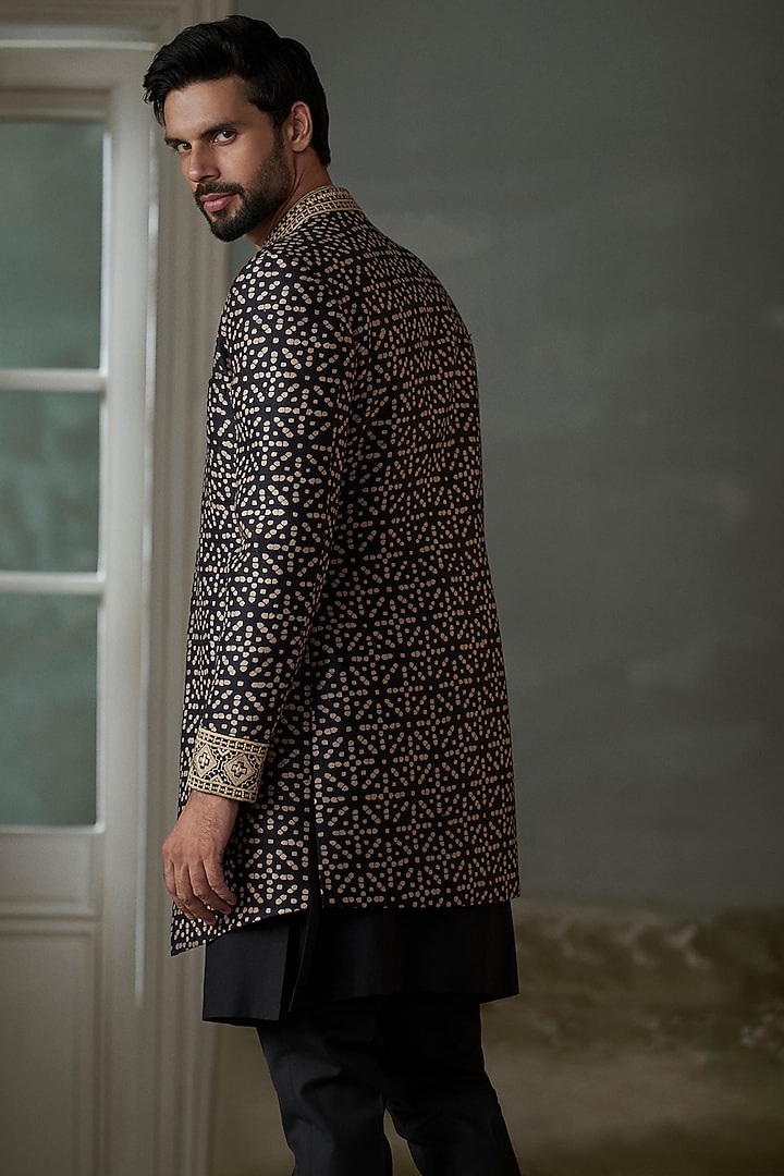 Black & Beige Raw Silk Printed Achkan Set by NITIKA GUJRAL MEN at Pernia's Pop Up Shop