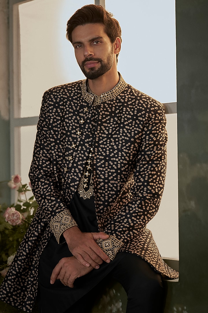Black & Beige Raw Silk Printed Achkan Set by NITIKA GUJRAL MEN at Pernia's Pop Up Shop