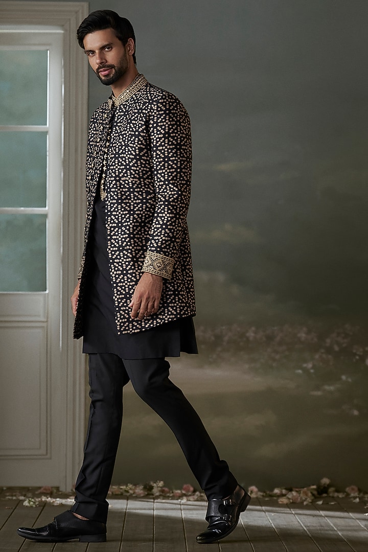 Black & Beige Raw Silk Printed Achkan Set by NITIKA GUJRAL MEN at Pernia's Pop Up Shop