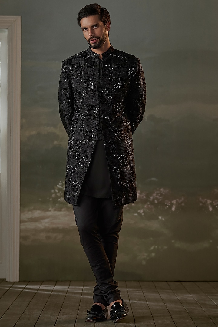 Black Raw Silk Resham Embroidered Sherwani Set by Histori