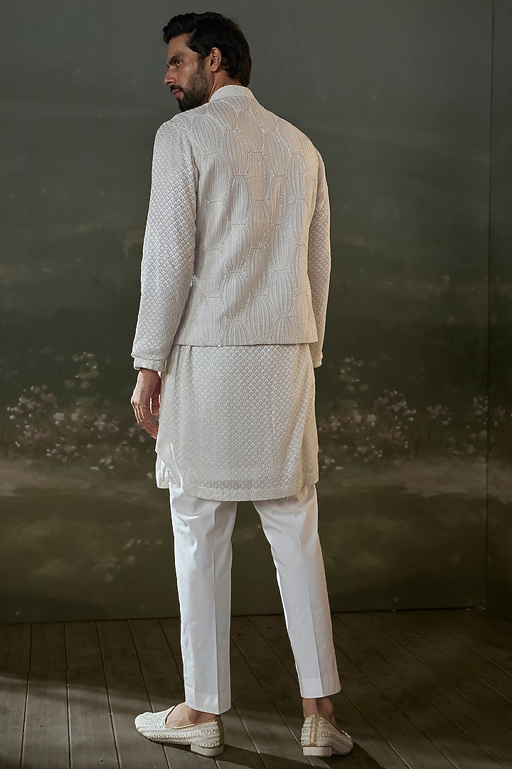 Ivory Raw Silk Sequins Embroidered Bundi Jacket Set by NITIKA GUJRAL MEN at Pernia's Pop Up Shop