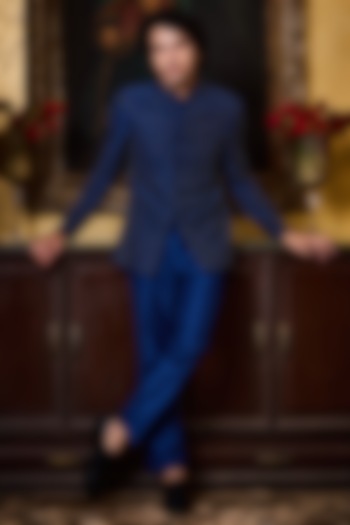 Cobalt Blue Raw Silk Cutdana Embroidered Jodhpuri Set by Histori at Pernia's Pop Up Shop