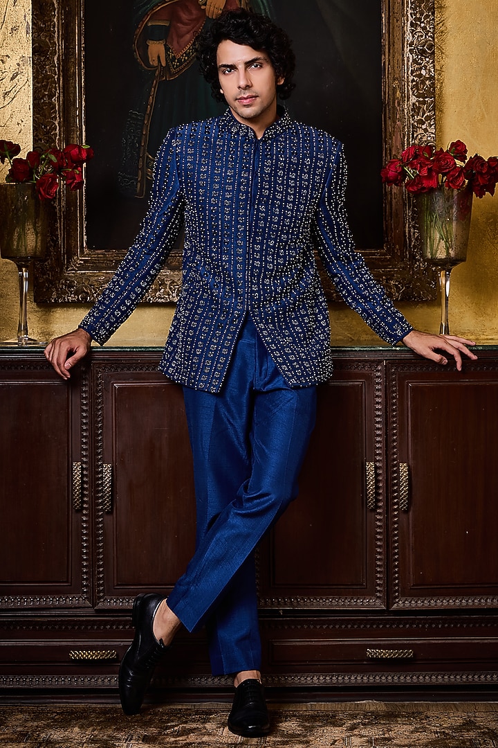 Cobalt Blue Raw Silk Cutdana Embroidered Jodhpuri Set by Histori at Pernia's Pop Up Shop