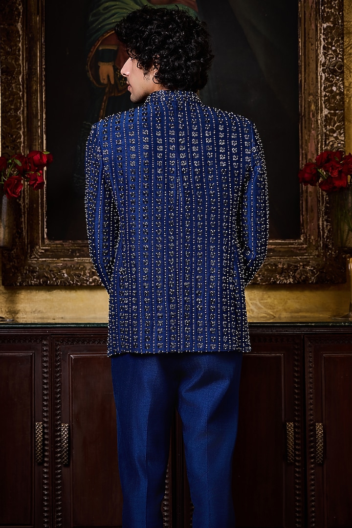 Cobalt Blue Raw Silk Cutdana Embroidered Jodhpuri Set by NITIKA GUJRAL MEN at Pernia's Pop Up Shop