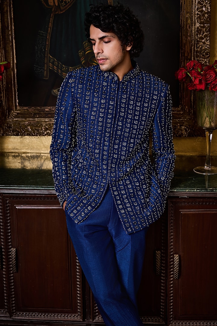 Cobalt Blue Raw Silk Cutdana Embroidered Jodhpuri Set by NITIKA GUJRAL MEN at Pernia's Pop Up Shop