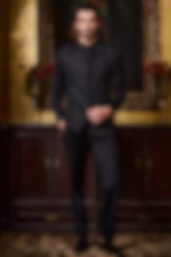 Black Raw Silk Resham Embroidered Jodhpuri Set by Histori at Pernia's Pop Up Shop