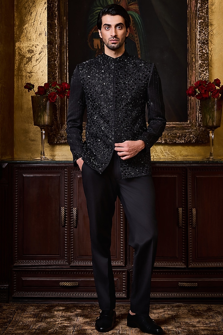 Black Raw Silk Resham Embroidered Jodhpuri Set by Histori at Pernia's Pop Up Shop