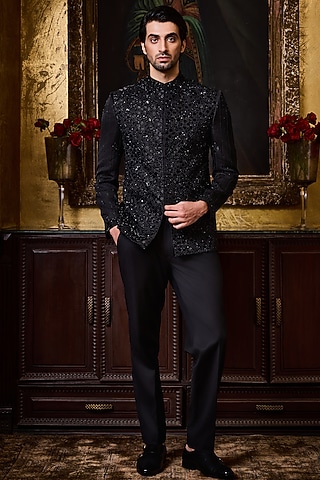 Black Raw Silk Resham Embroidered Jodhpuri Set by NITIKA GUJRAL MEN