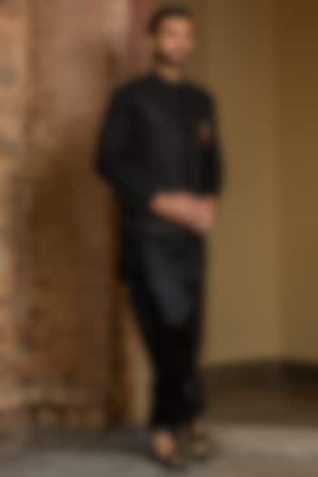 Black Raw Silk Embroidered Bundi Jacket With Kurta Set by Histori at Pernia's Pop Up Shop