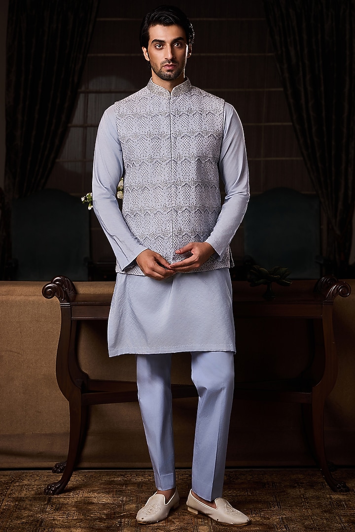 Powder Blue Raw Silk Embroidered Bundi Set by Histori at Pernia's Pop Up Shop